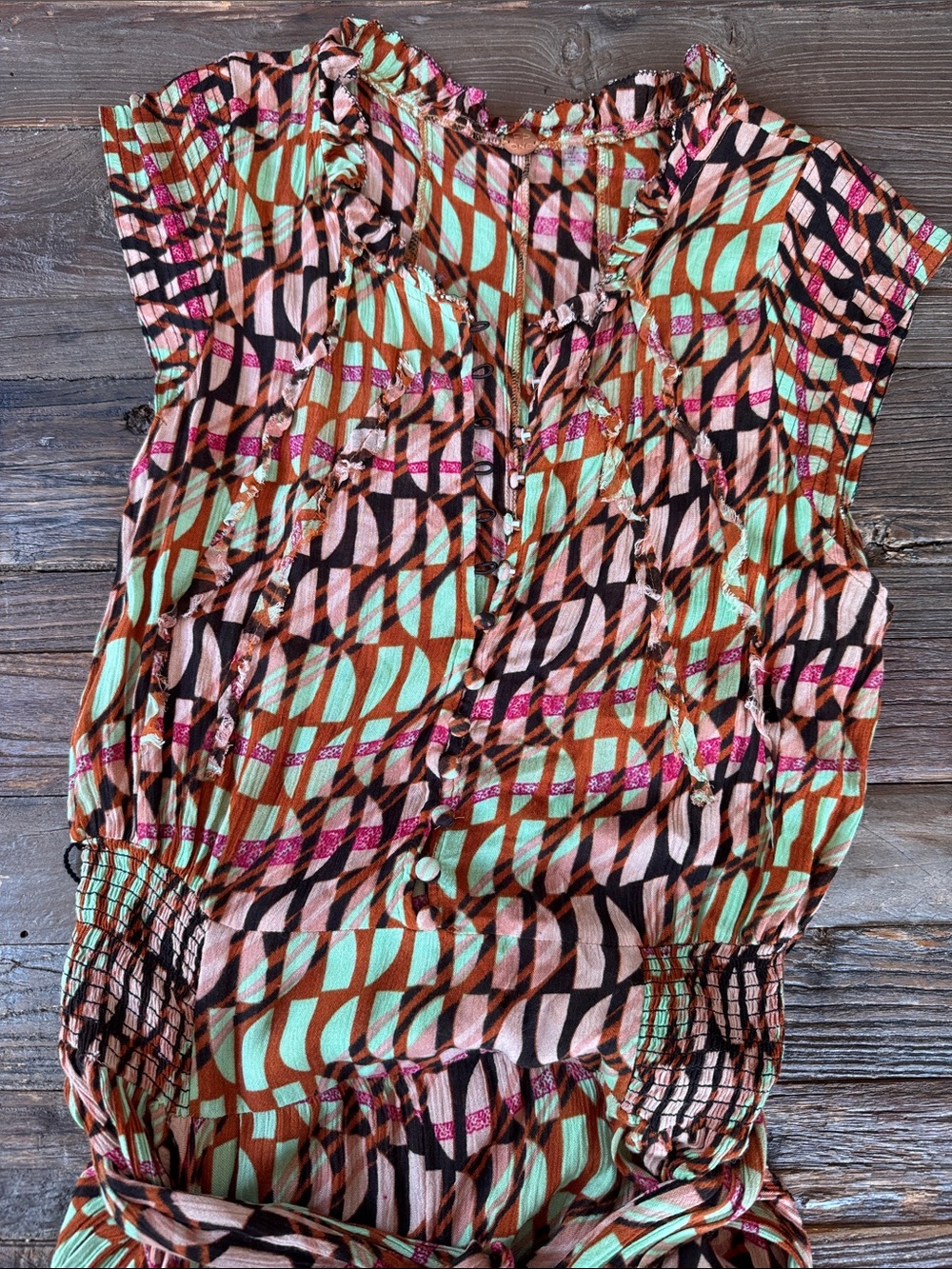 Free People Sahara Jumpsuit bold geometric print fly away pants ruffled EUC Smal - Picture 11 of 12
